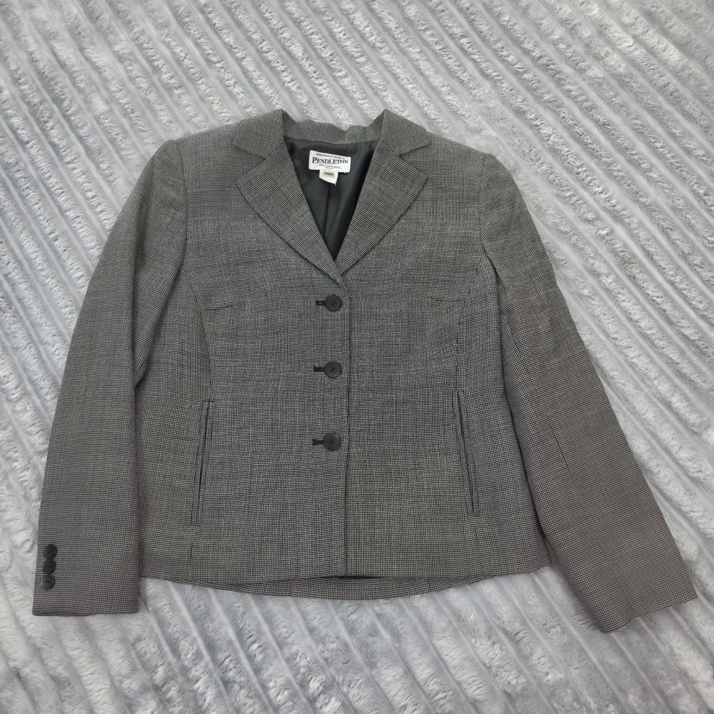 Pendleton Womens 6P Virgin Wool Blazer Black White Micro Check 3-Button Jacket